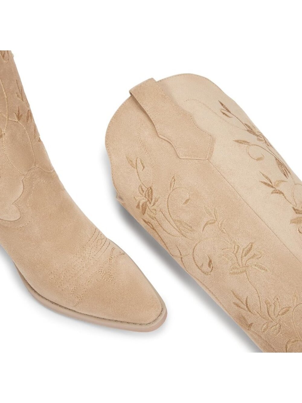 Women's Tan Knee High Cowgirl Boots Retro Embroidered Chunky Heels Boots - Picture 5 of 6